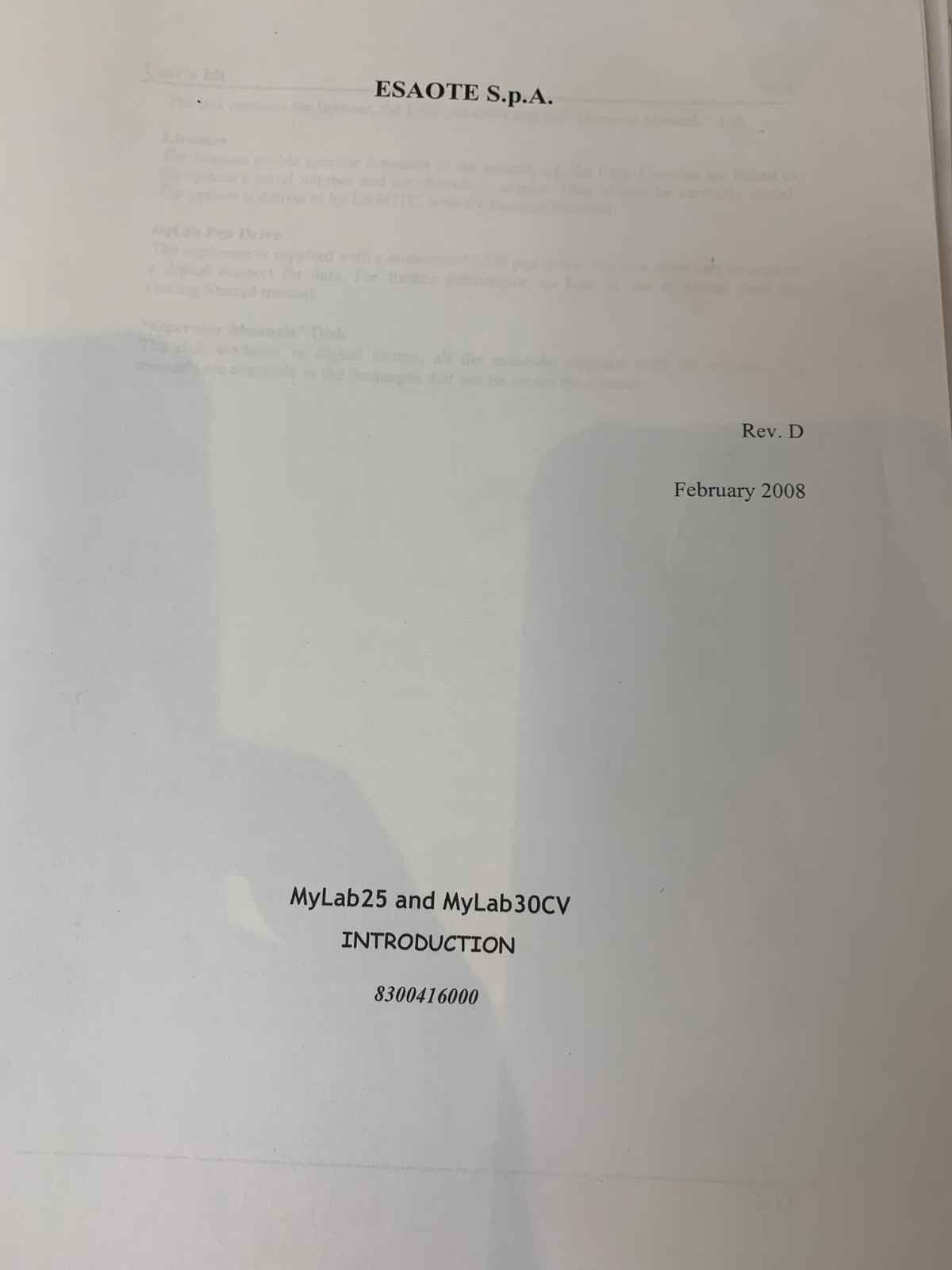 Used Esaote Operator Manual MyLab 25 30CV Biosound MyLab25 MyLab30 30 8300416000