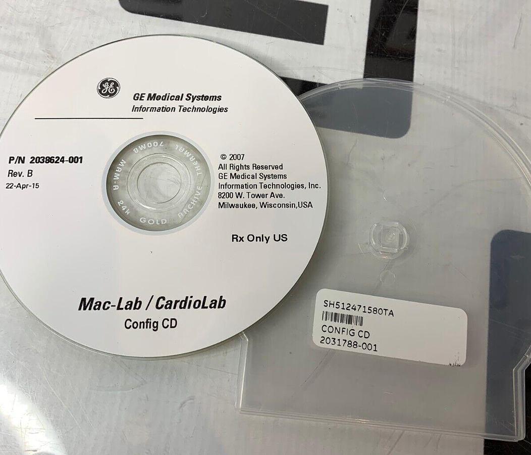 Used GE CONFIG CD P/N 2031788-001 REV.B 2038624-001 MAC-LAB CARDIOLAB CARDIO LAB