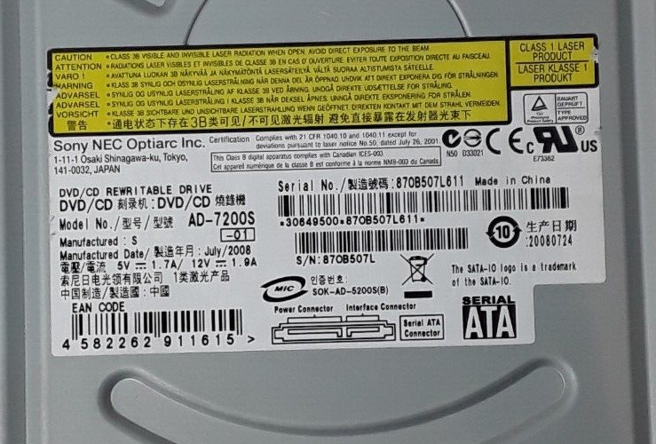 Used Sony AD-7200S Dell 0D417C DVD±RW Drive SATA Rewritable DvD/CD DVD/RW Disc Drives