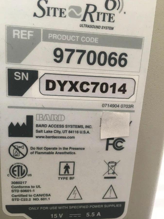 Used BARD Site Rite 6 Ultrasound System 9770066 with Probe Sherlock 3CG