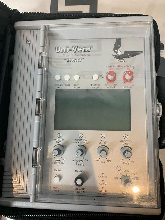 Used IMPACT INSTRUMENTATION Impact Calibrated Uni-Vent 754 754M Series Portable Ventilator & Power Supply