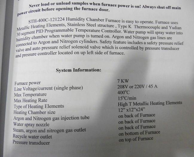 For parts or not working Sentro Tech Corp Model STH400C-121224 Humidity Chamber Furnace 400C 208V