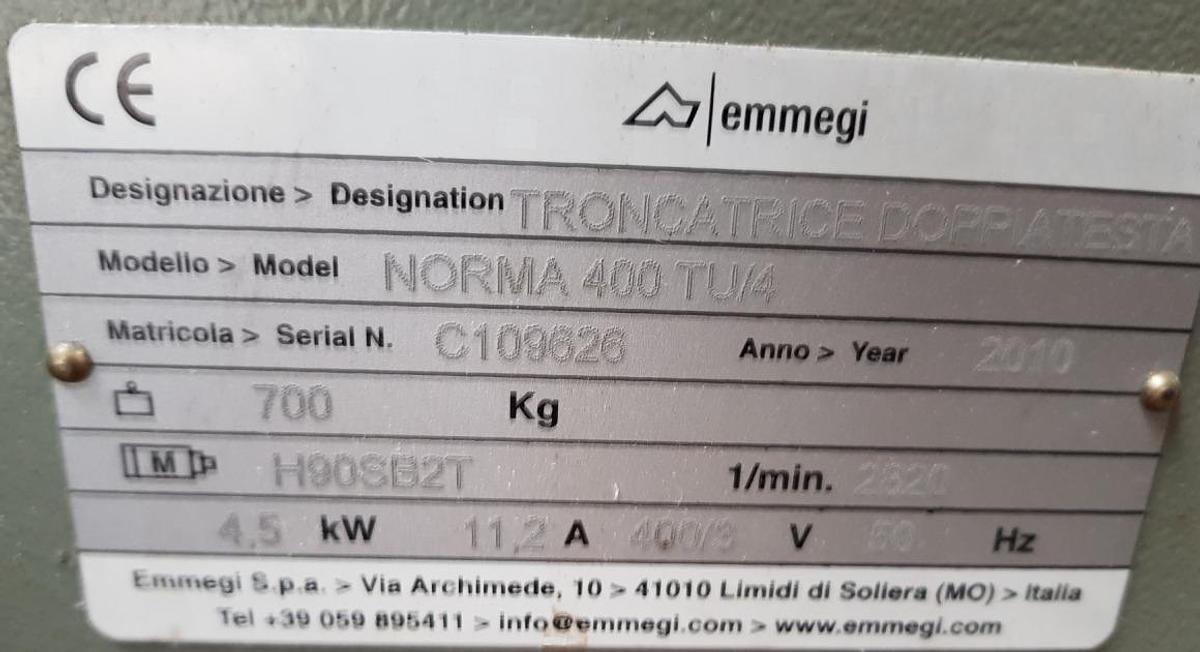 Used EMMEGI DOUBLE HEAD SAW NORMA 400 TU /4 YEAR 2010