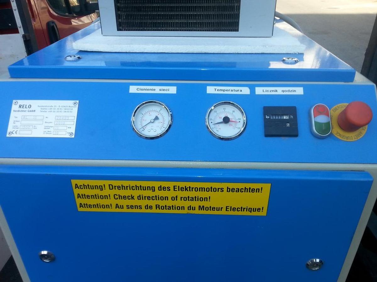 Używane SPRĘŻARKA ŚRUBOWA RELO RL 11 10 ZE ZBIORNIKIEM POWIETRZA 500 L I OSUSZACZEM POWIETRZA CPX 60 ROK 2010