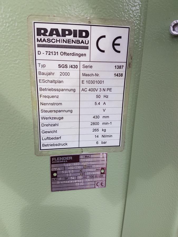 Used RAPID SGS 430 SINGLE HEAD AUTOMATIC SAW YEAR 2000 WITH FEEDER AND RECEIVER
