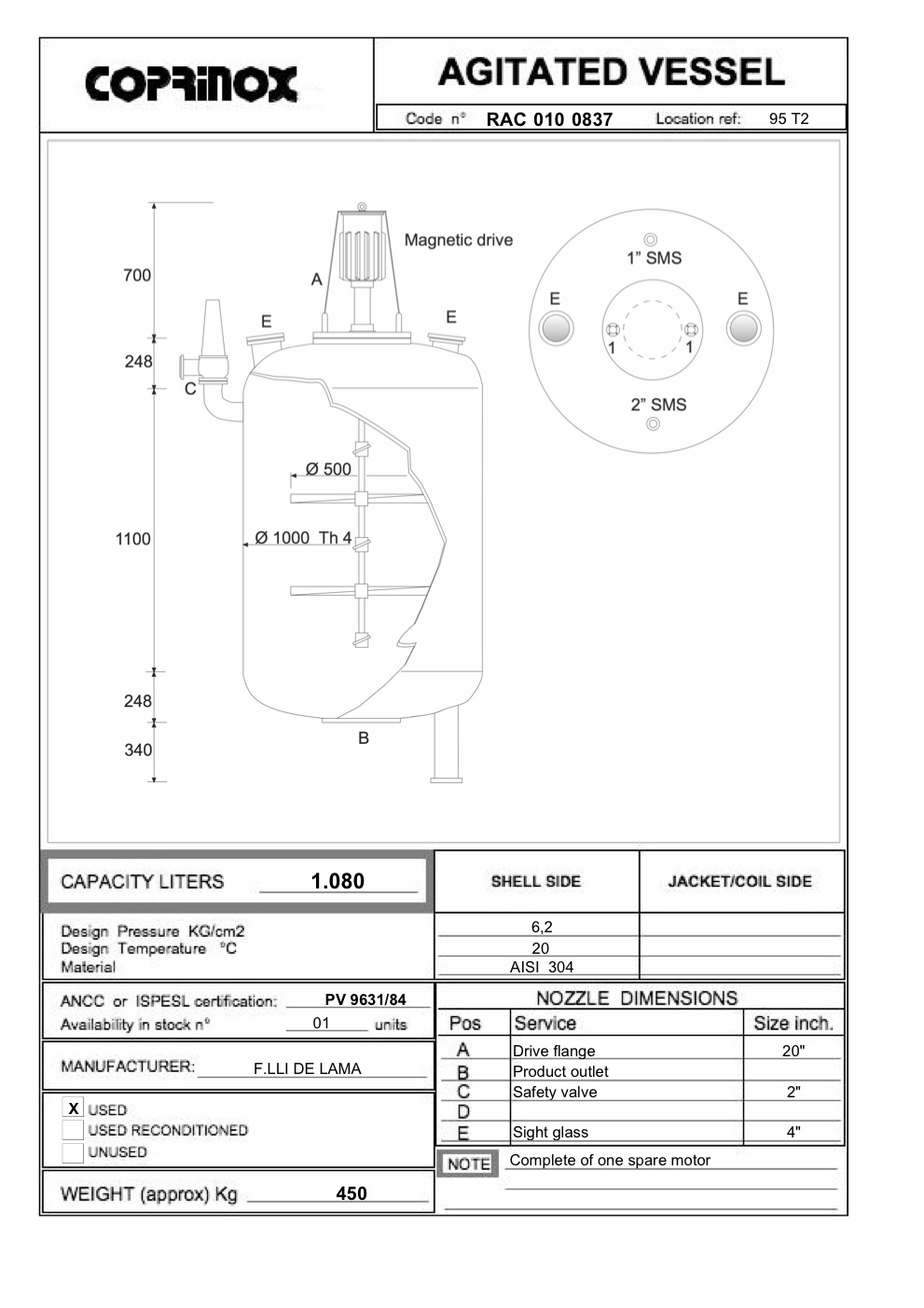 Usato Reattore / miscelatore F.LLI DE LAMA da 1080 Litri