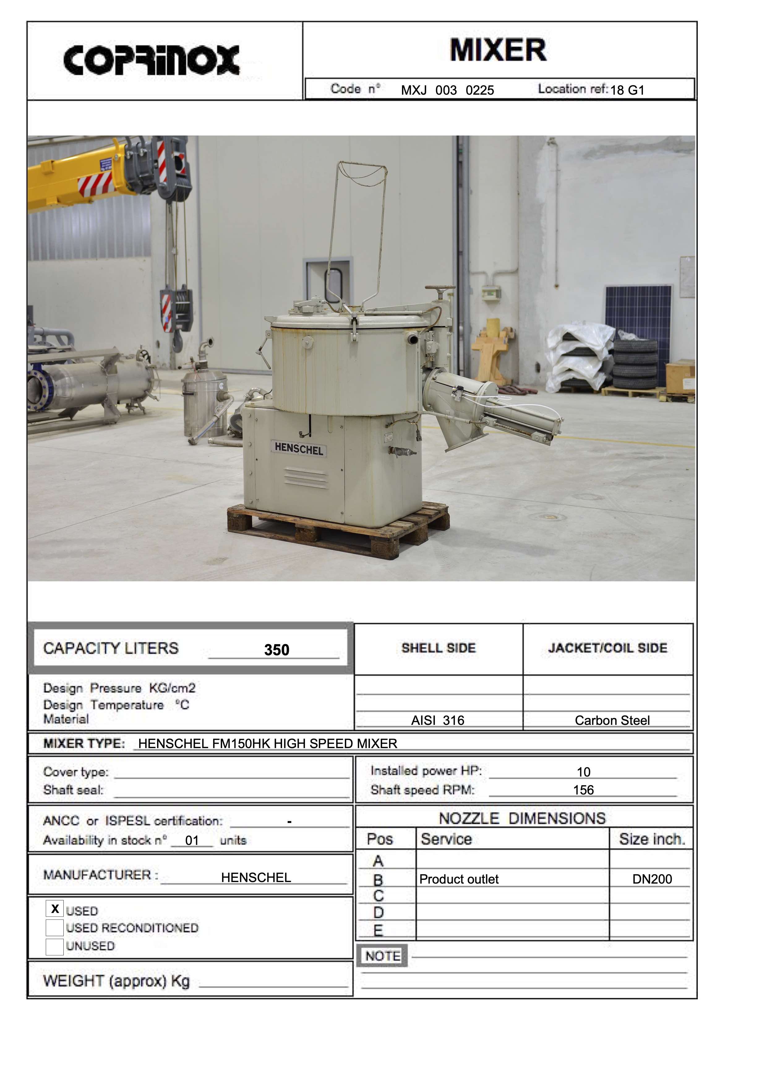 Usato Miscelatore HENSCHEL da 350 Litri con camicia