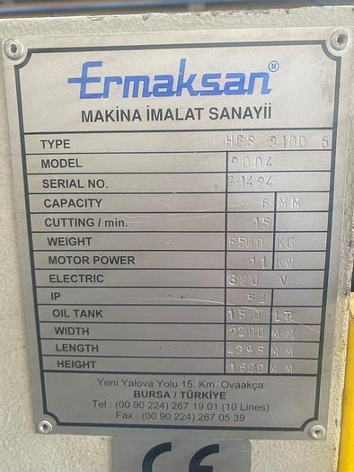 Used 2004 Ermaksan HGS3100 x 6mm Guillotine Shears