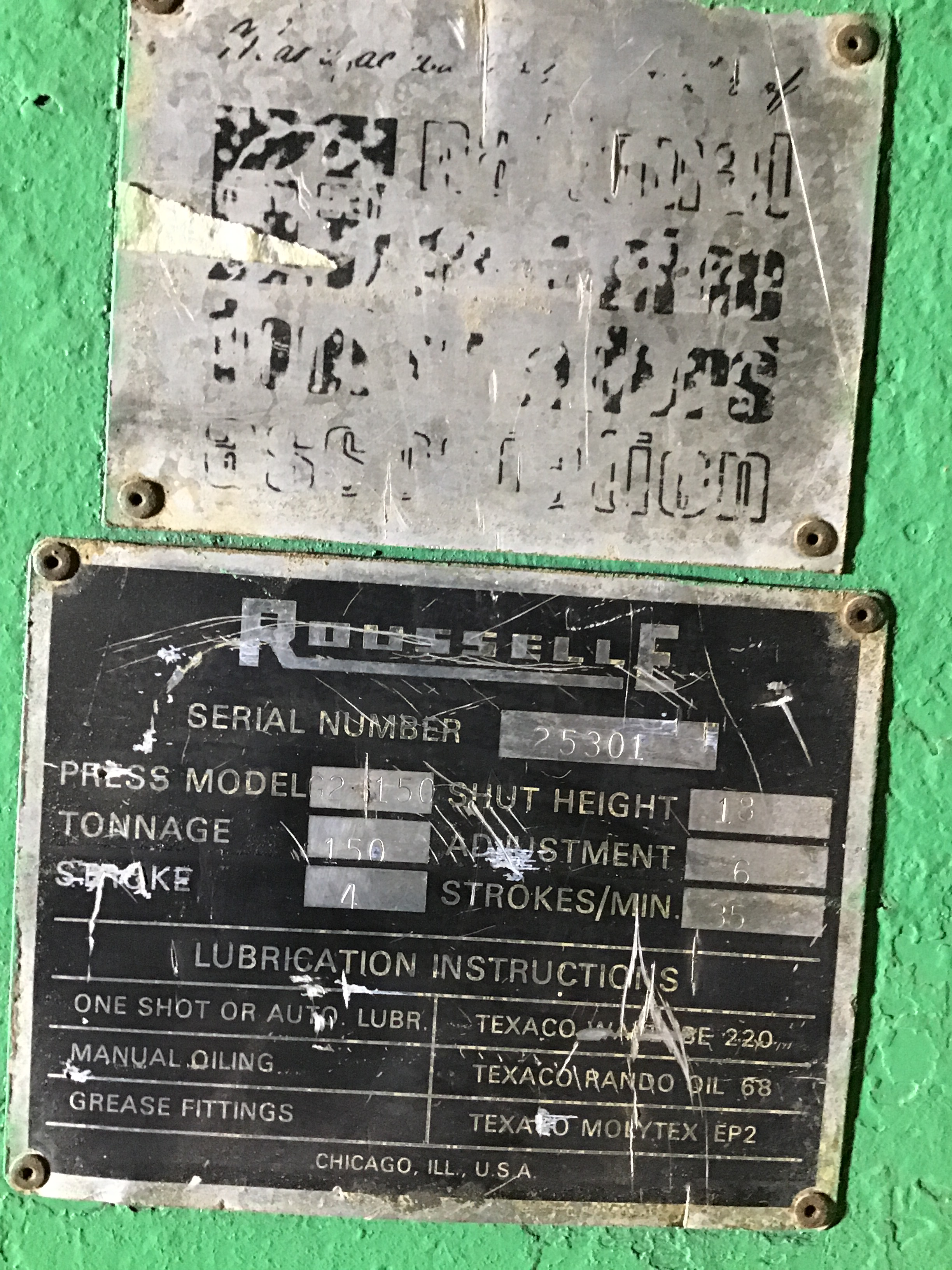 Used 150 Ton Rousselle Model G2-150 Gap Frame Press; 4" Str.; 35 SPM; Air Cl/Brk.; Beautiful