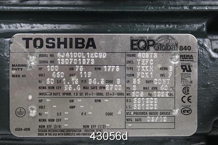 Unused Toshiba A/C 100 Hp Motor, 1775 Rpm, 460 Volts #43056