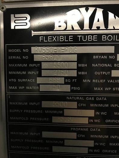 Used 165 HP Bryan Flexible Tube 50 PSI Steam Boiler 1988 Model RV550-W-FDG