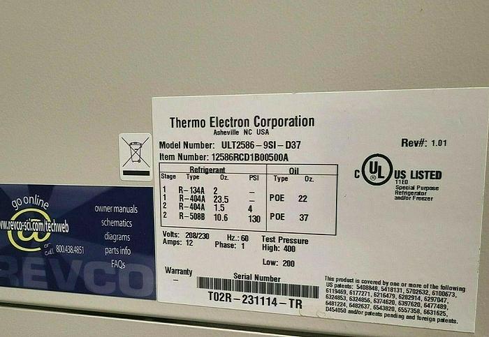Used Thermo Fisher Electron Revco - 80c LAB Freezer Model ULT 2586 9S D37