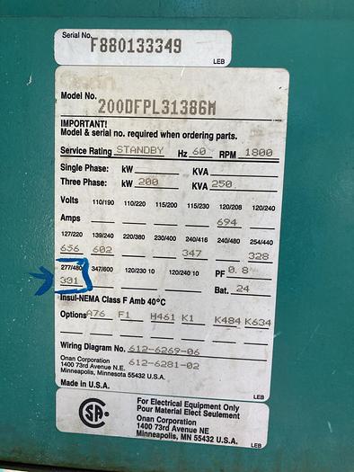 Used 1987 Cummins Generator 200 KW Diesel Low Hours