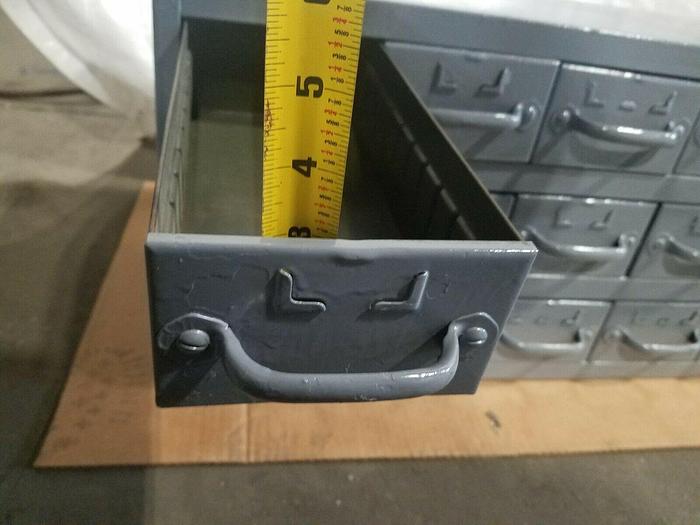 Used Industrial Metal 18 Drawer Tabletop Storage Cabinet for bolts screws tools etc.