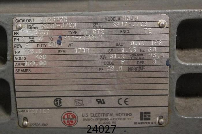 Used Us Motor 7979B Motor, 125Hp, 1780Rpm, 460V, 444T Frame #24027