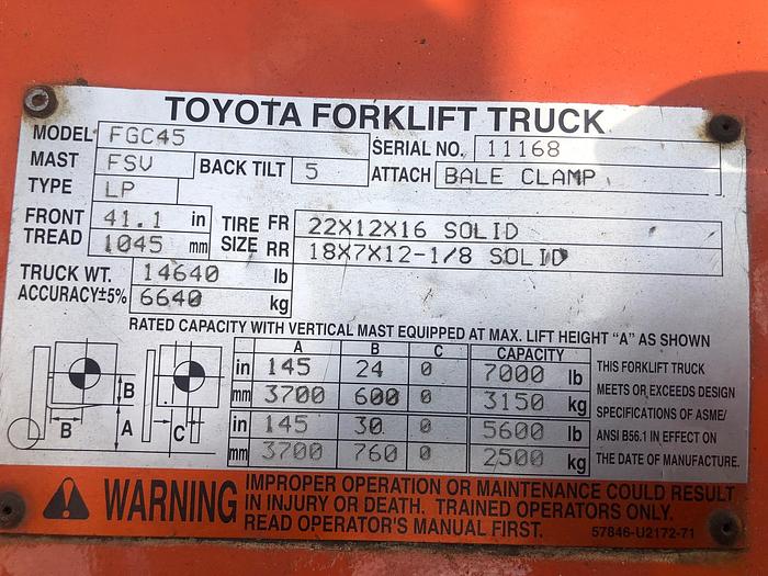 Used 10,000 LB. TOYOTA FORKLIFT MODEL FGC45 W/ SOLID TIRES