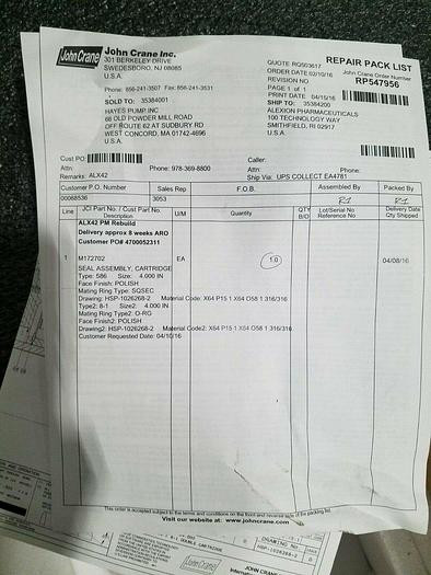 Used Stainless Steel Rebuilt Seal Assembly Cartridge John Crane Hayes Pharmaceutical