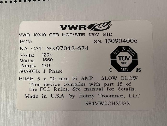 Used VWR 97042-674 10x10 Hot Plate Stirrer 1550W, 120V