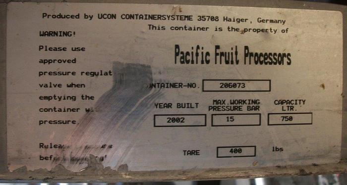 Used Tank, 200 Gallon, 304L S/st, 46" x 24", Tote, Ucon, #L741302