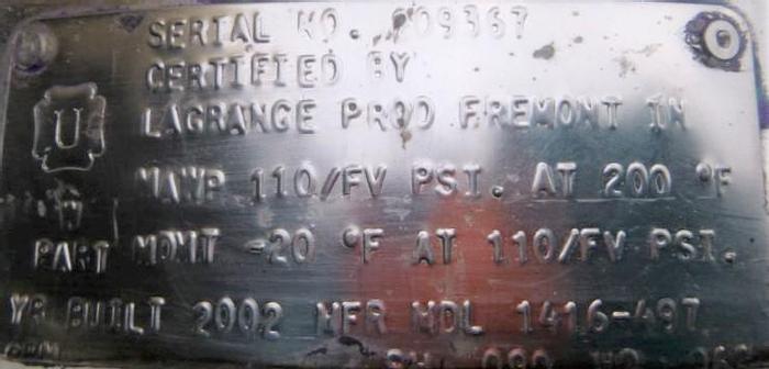 Used Tank, 5 Gallon, S/st, 110 PSI, Full Vac, LaGrange, B #S743475