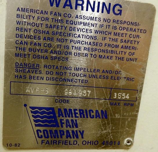 Used AMERICAN FAN COMPANY MODEL AVP-6 MATERIAL HANDLING FAN 7.5 HP