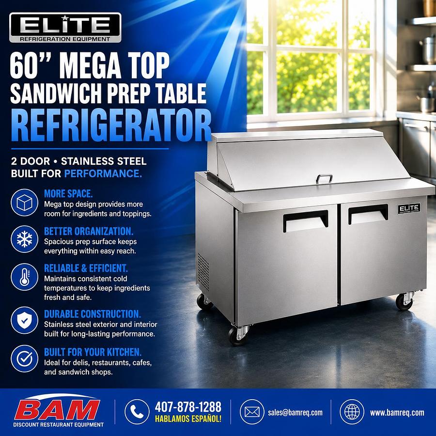 Elite Stainless Steel 2 Door 60" Mega Top Sandwich Prep Table on Castors