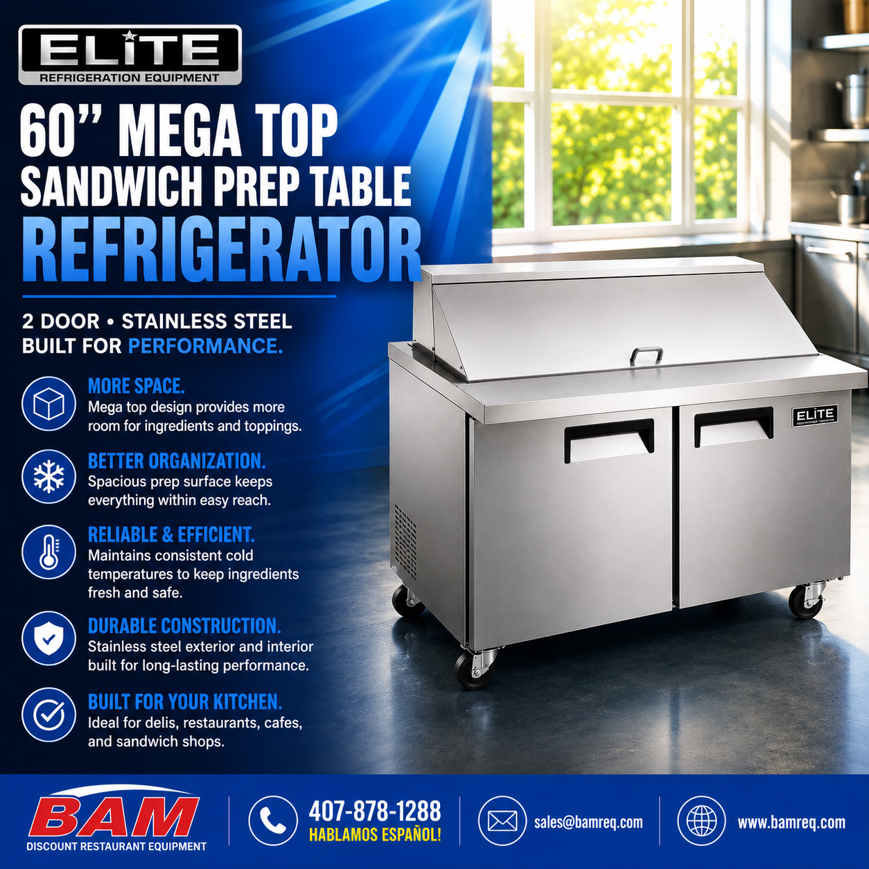 Elite Stainless Steel 2 Door 60" Mega Top Sandwich Prep Table on Castors