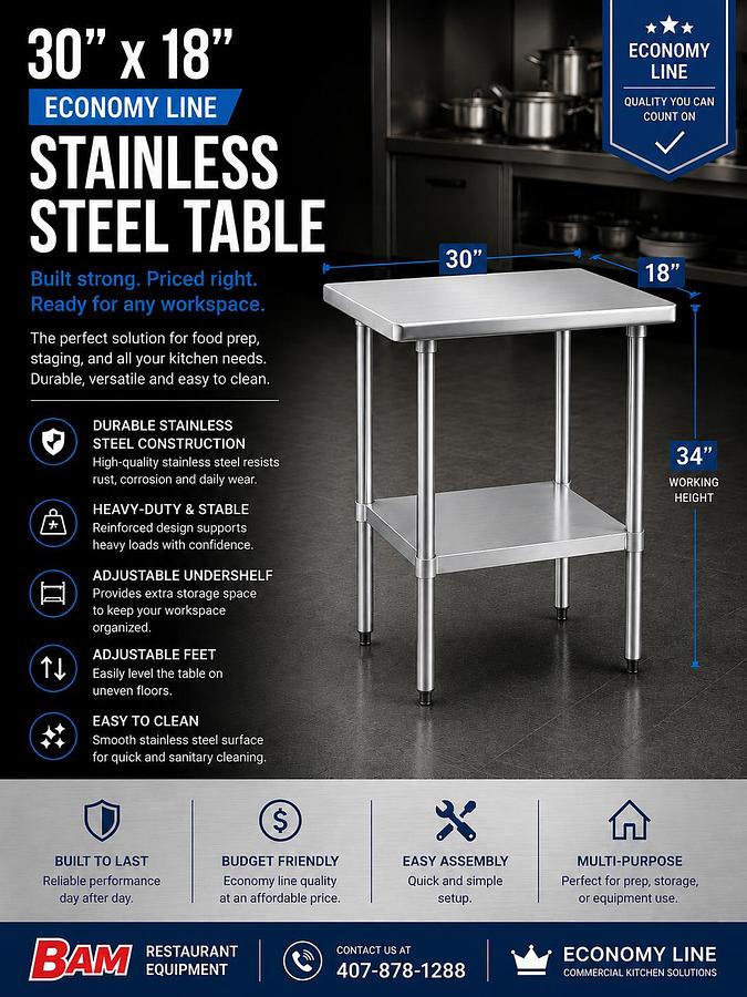 30"x18" Economy Line Stainless Steel Table