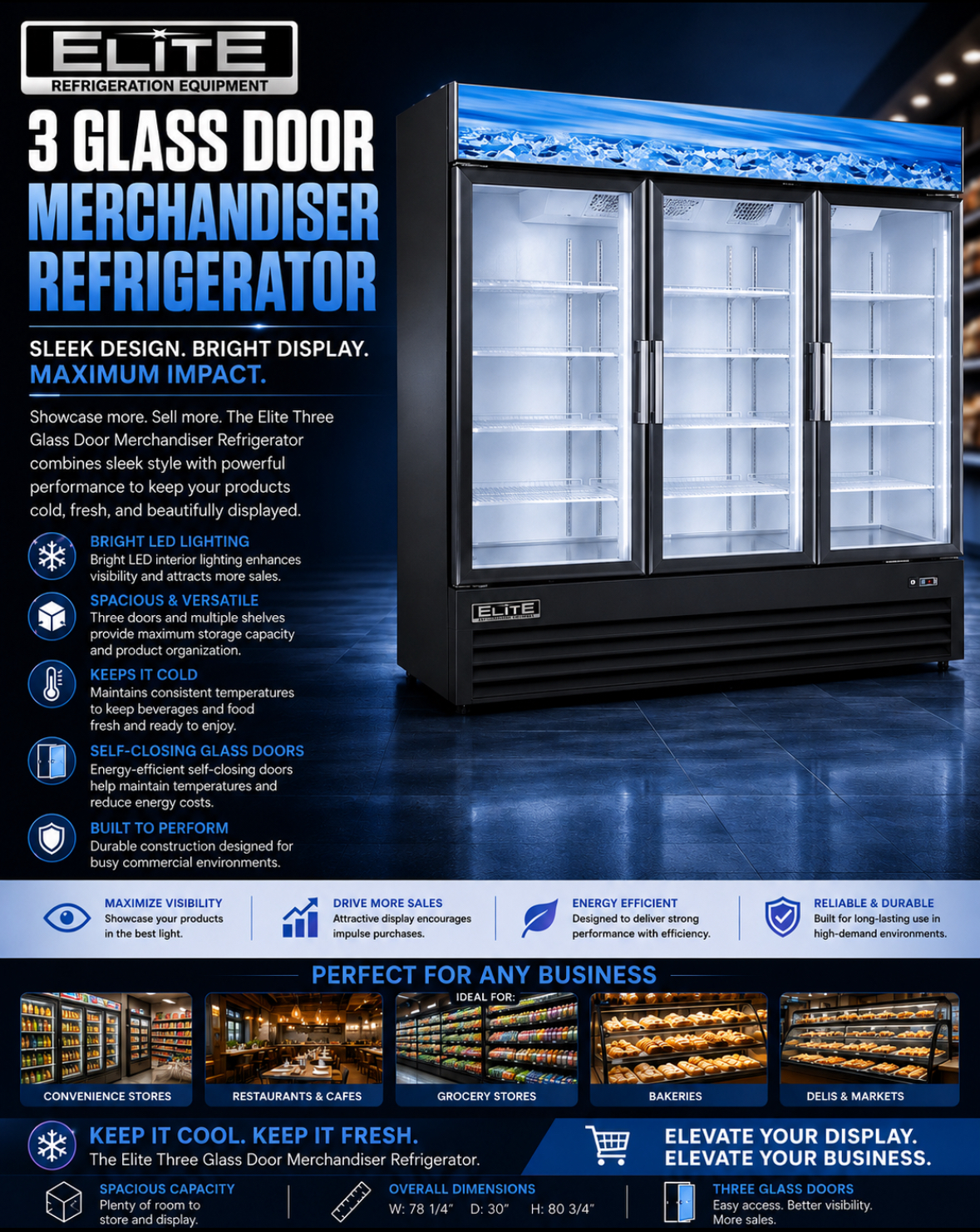 Elite Three Door Glass Door Merchandiser Refrigerator