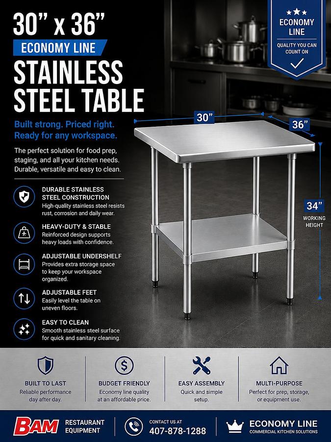 30"x36" Economy Line Stainless Steel Table