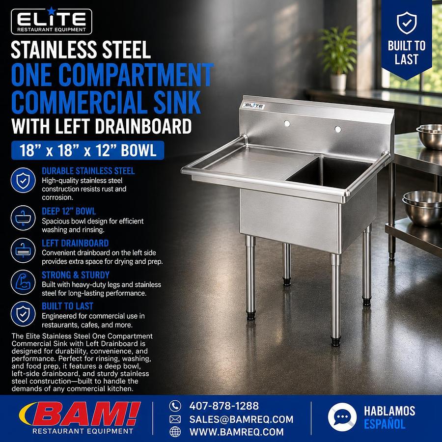 Elite Stainless Steel One Compartment Commercial Sink with Left Drainboard - 18" x 18" x 12" Bowl