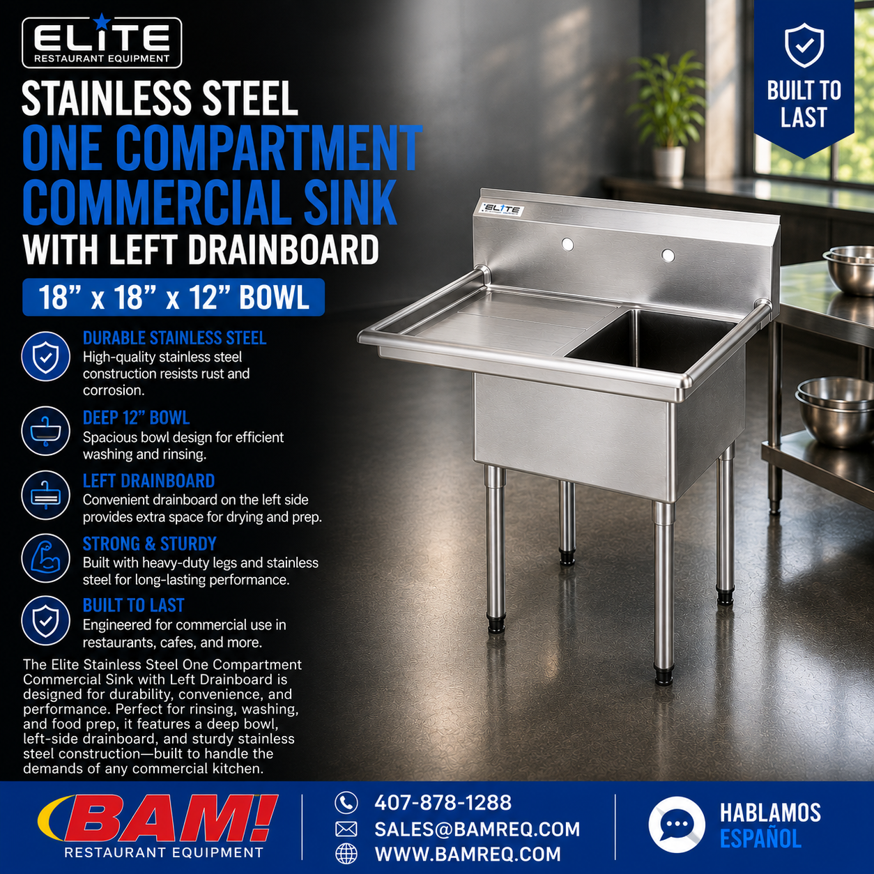 Elite Stainless Steel One Compartment Commercial Sink with Left Drainboard - 18" x 18" x 12" Bowl