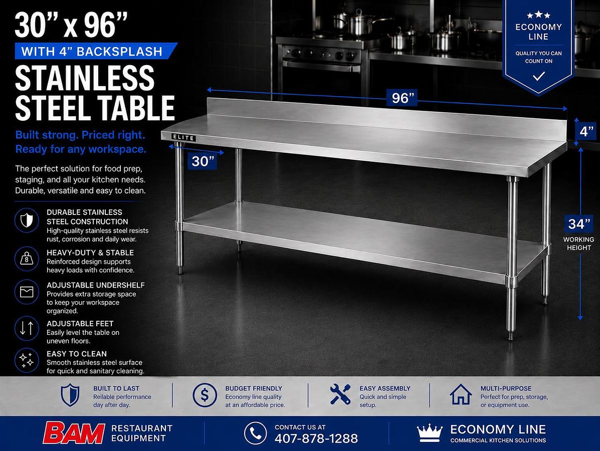 30”X96”4" Backsplash Stainless Steel Table
