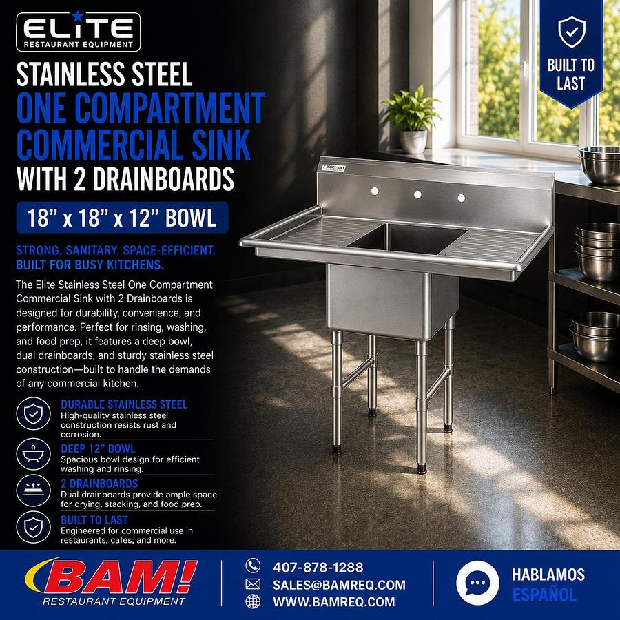 Elite 54" Stainless Steel One Compartment Commercial Sink with 2 Drainboards - 18" x 18" x 14" Bowl