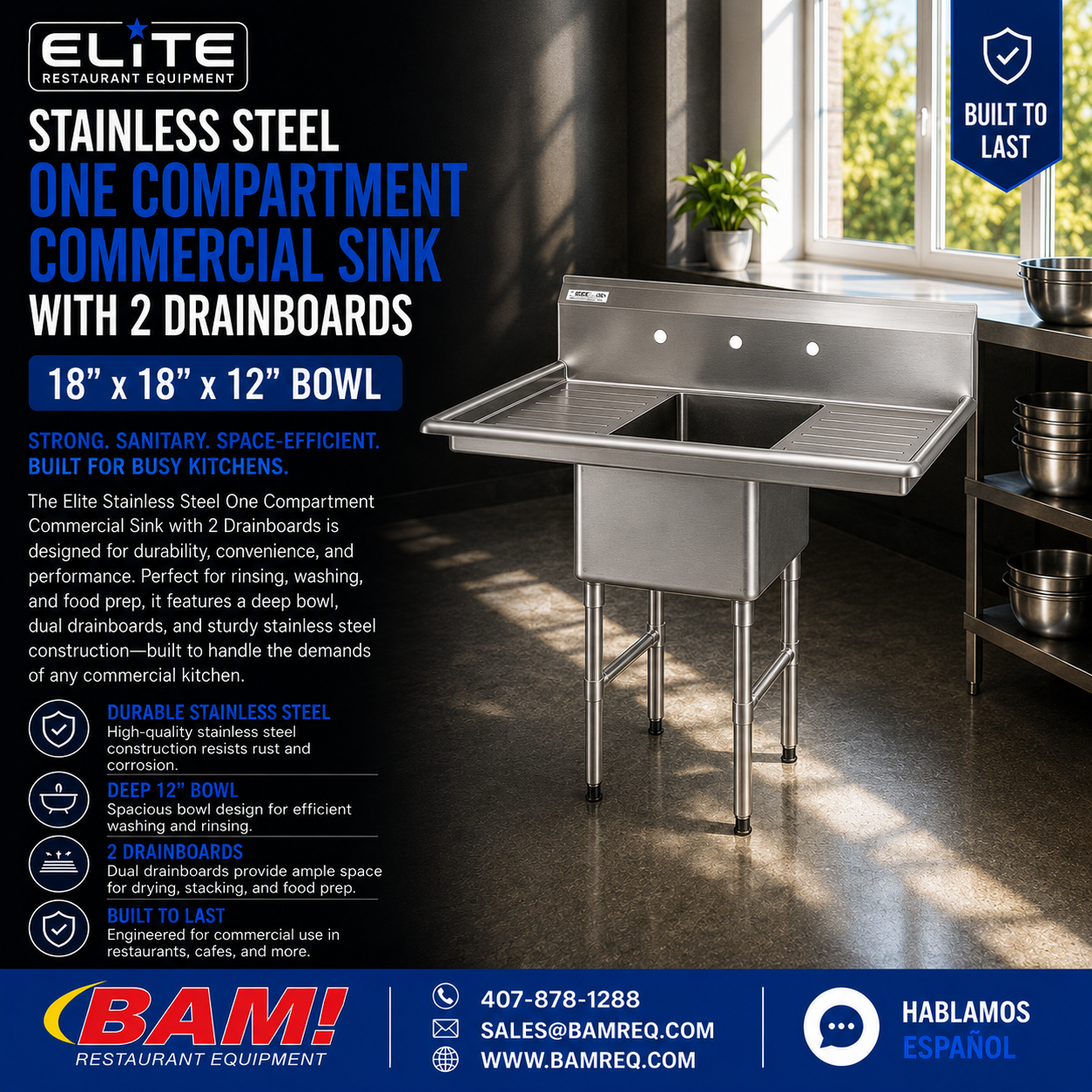 Elite 54" Stainless Steel One Compartment Commercial Sink with 2 Drainboards - 18" x 18" x 14" Bowl