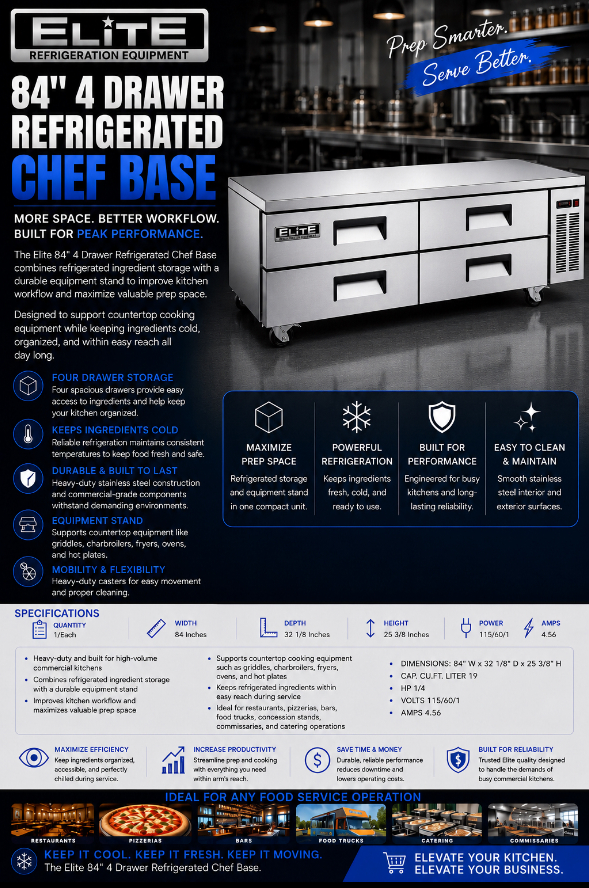 Elite 84″ 4 Drawer Refrigerated Chef Base