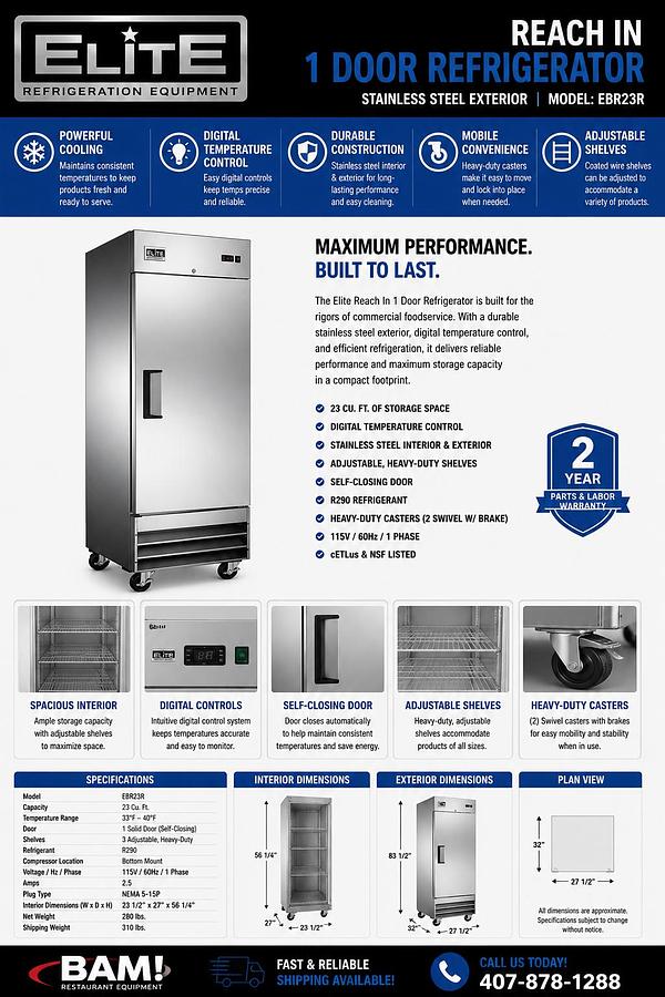 Elite Stainless Steel Reach In 1 Door Refrigerator
