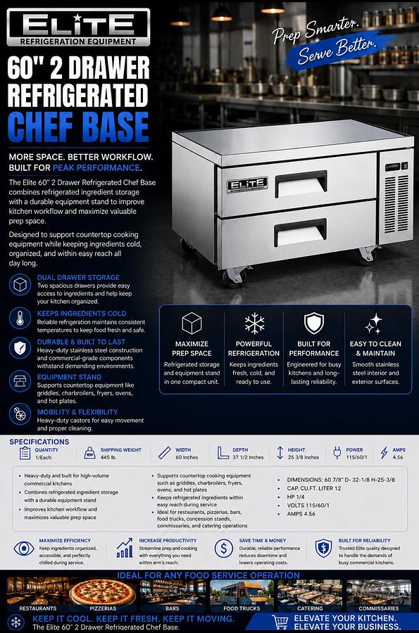 Elite 60" 2 Drawer Refrigerated Chef Base