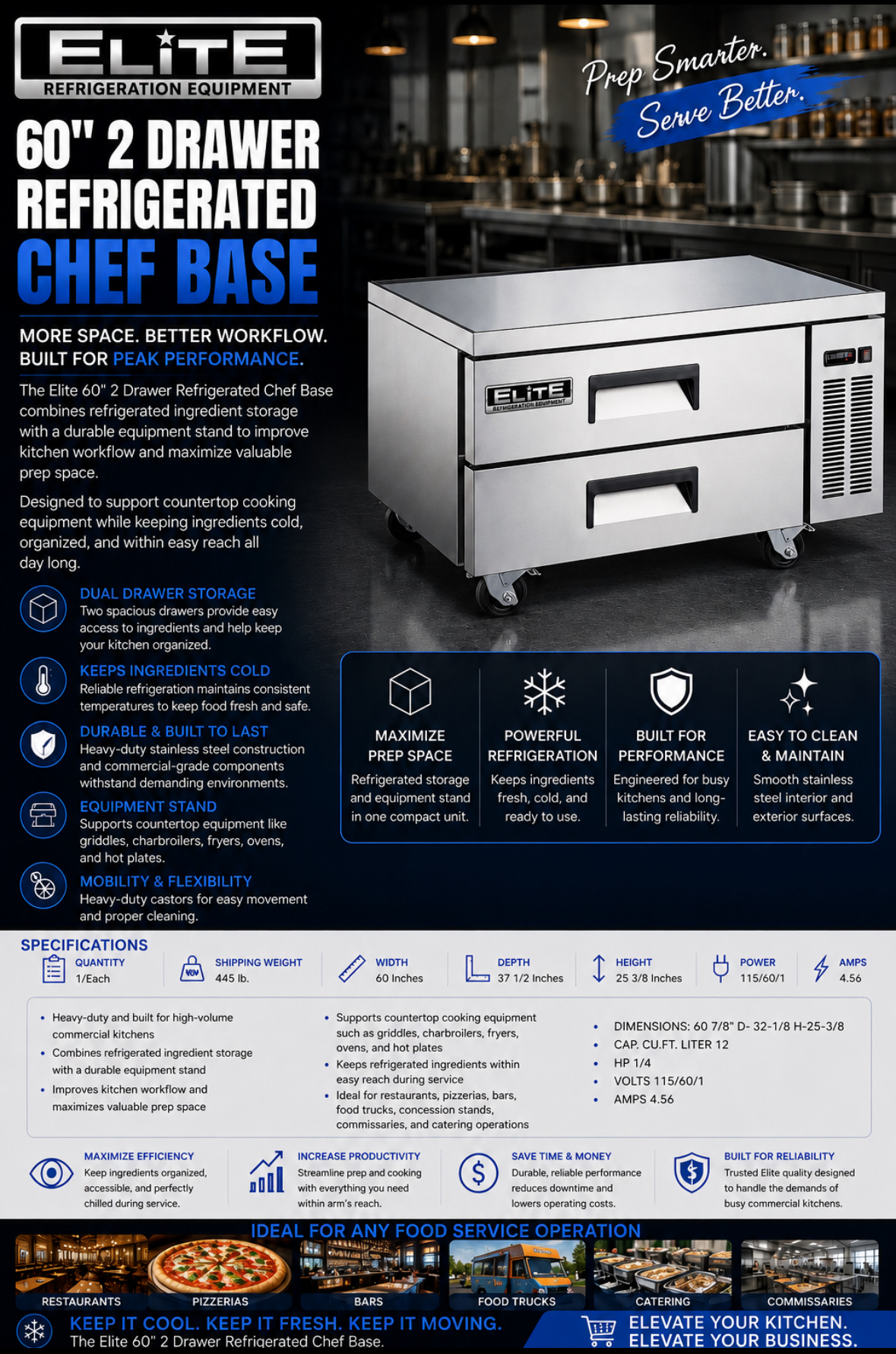 Elite 60" 2 Drawer Refrigerated Chef Base