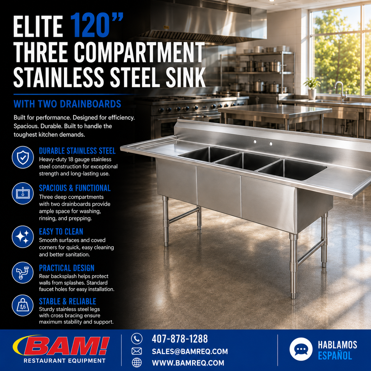 Elite 120” Three Compartment Stainless Steel Sink With Two Drainboards