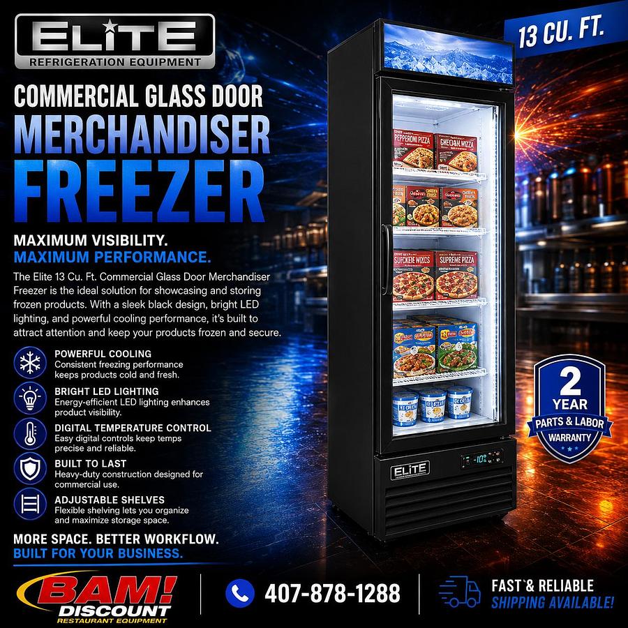 Elite 13 Cu. Ft. Commercial Glass Door Merchandiser Freezer – 1 Door