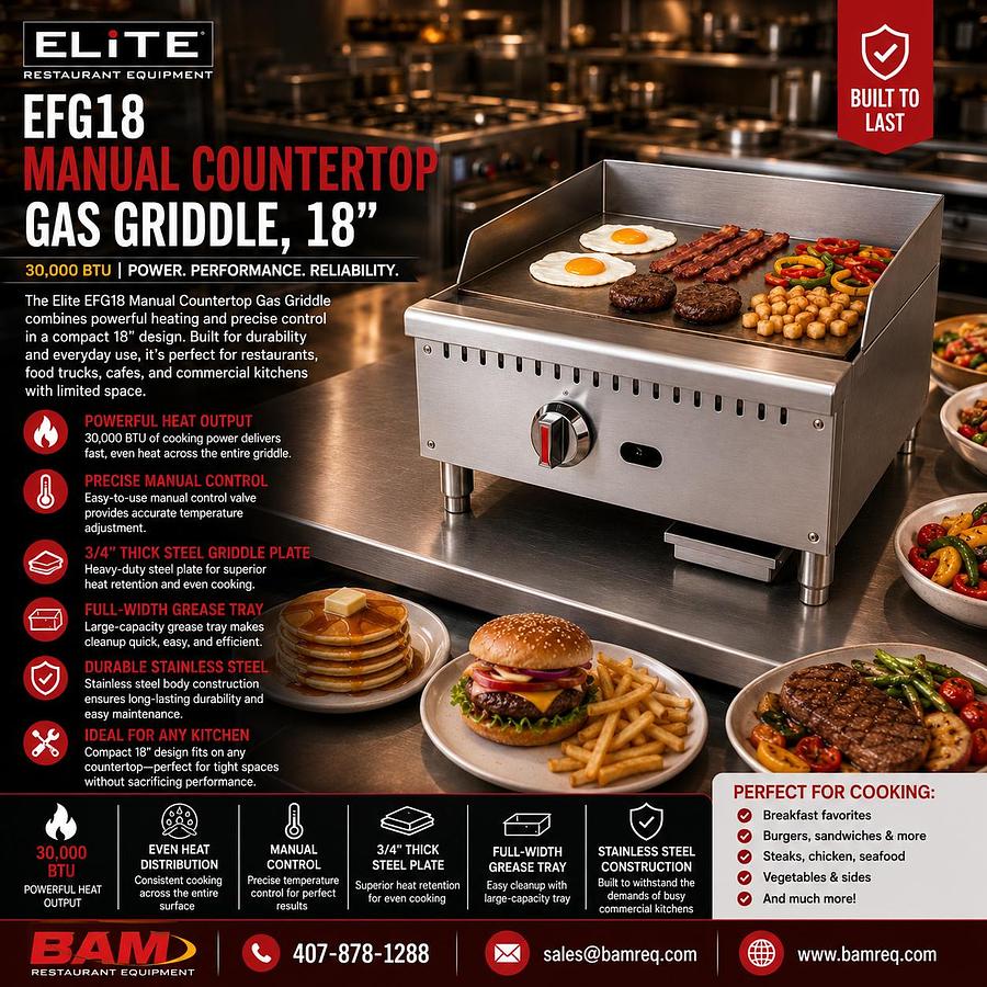 ELITE EFG18 Manual Countertop Gas Griddle, 18" | 30,000 BTU