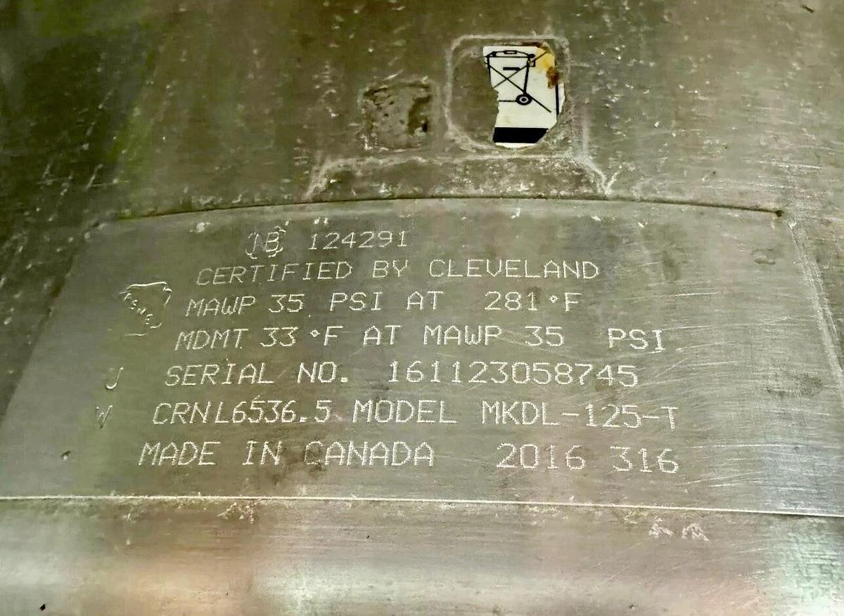 Refurbished Cleveland MKDL-125-T 125 Gallon Tilting 2/3 Steam Jacketed Direct Steam Kettle