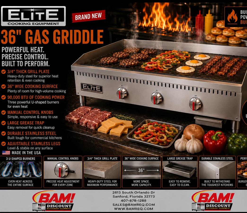 ELITE EFG36 Manual Countertop Gas Griddle, 36" | 90,000 BTU