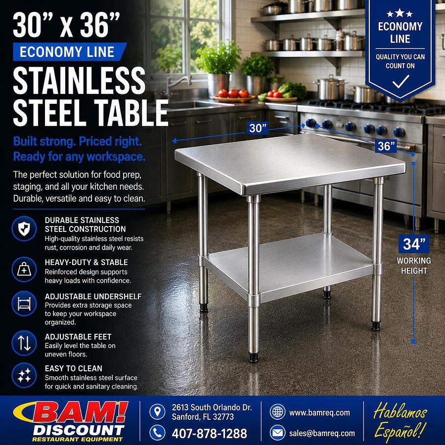 30"x36" Economy Line Stainless Steel Table