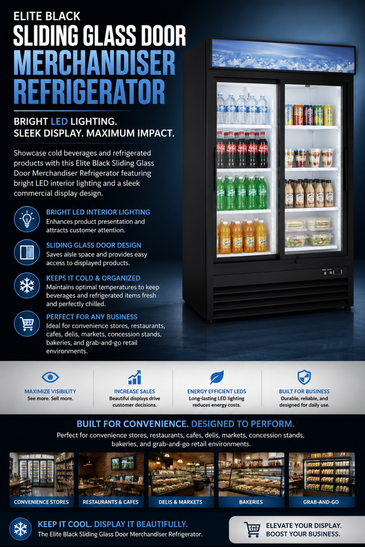 Elite Black Sliding Glass Door Merchandiser Refrigerator with LED Lighting