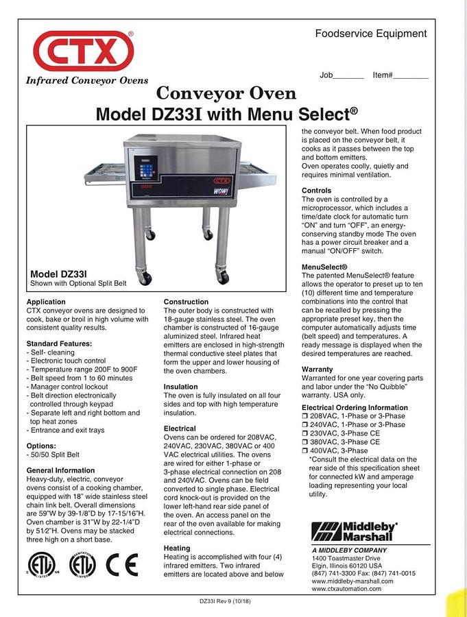 Refurbished 2019 Middleby Marshall CTX DZ33I Electric Pizza Conveyor Oven 208V 1/3 Phase