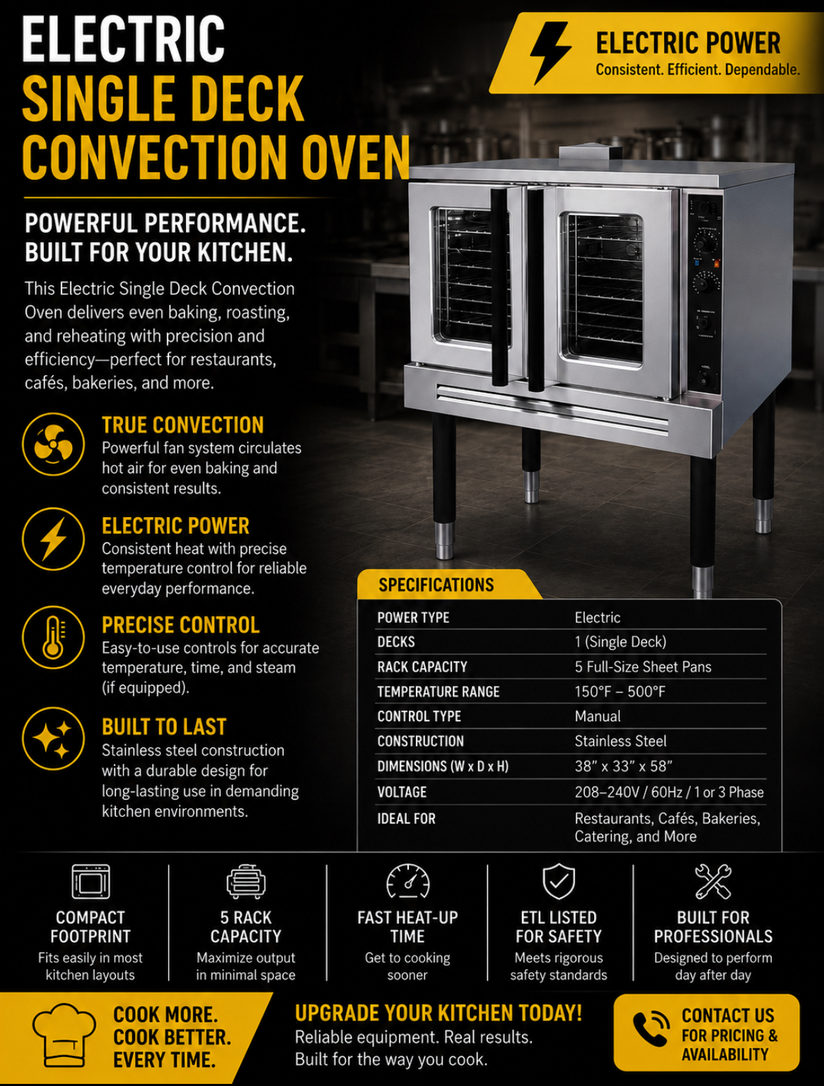 Elite ECE-200-Single Deck Standard Depth Full Size Electric Convection Oven - 208V- 60Hz 1 Phase, 9 kW