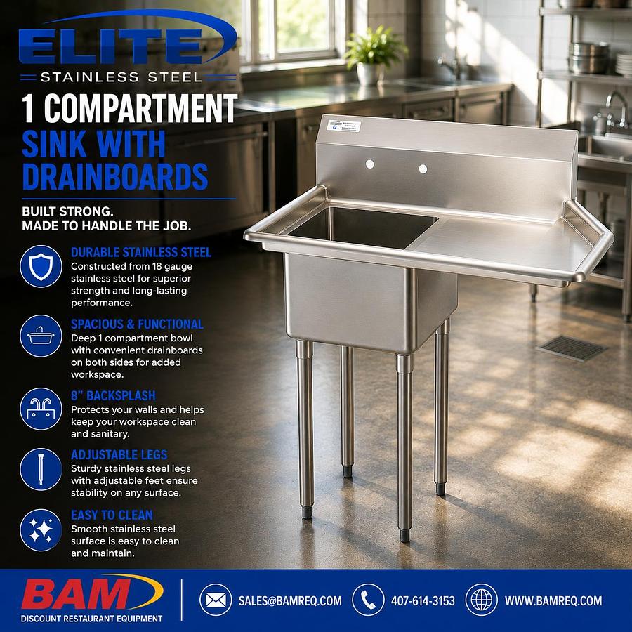 Elite 39" Stainless Steel One Compartment Commercial Sink with Right Drainboard - 18" x 18" x 12" Bowl