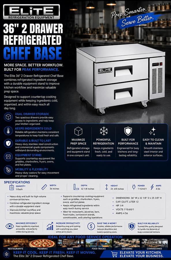 Elite 36" 2 Drawer Refrigerated Chef's Base